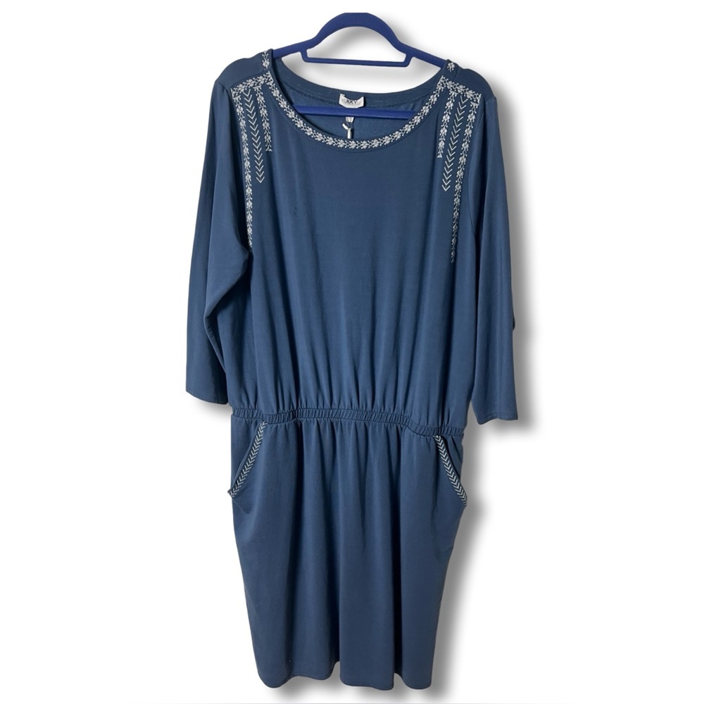 Garnet Hill Embroidered TENCEL Knit Dress Elastic Waist Pockets Blue NWT Sz. XL